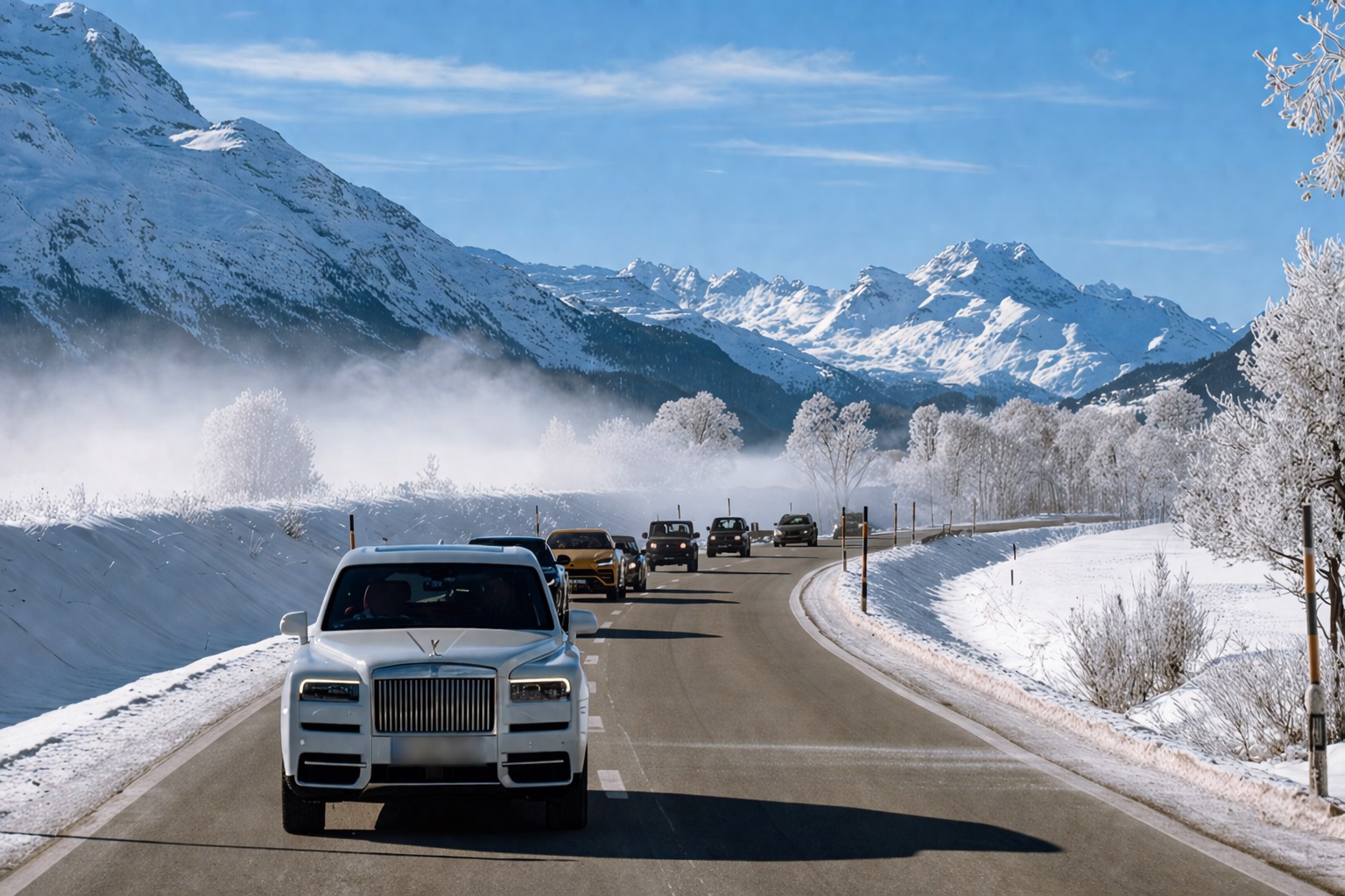 Luxury convoy on a snowy Alpine road